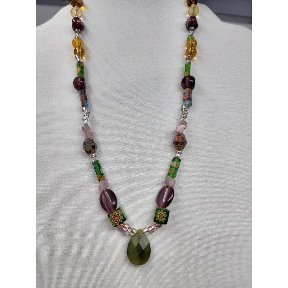 Handmade Millefiori & Lampwork Glass Necklace Green Cats Eye Teardrop  18"
